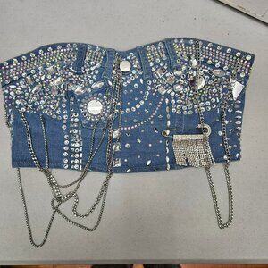 Banjul Crystal Size Small Embellished Denim Corset Top With Chains Rhinestone De